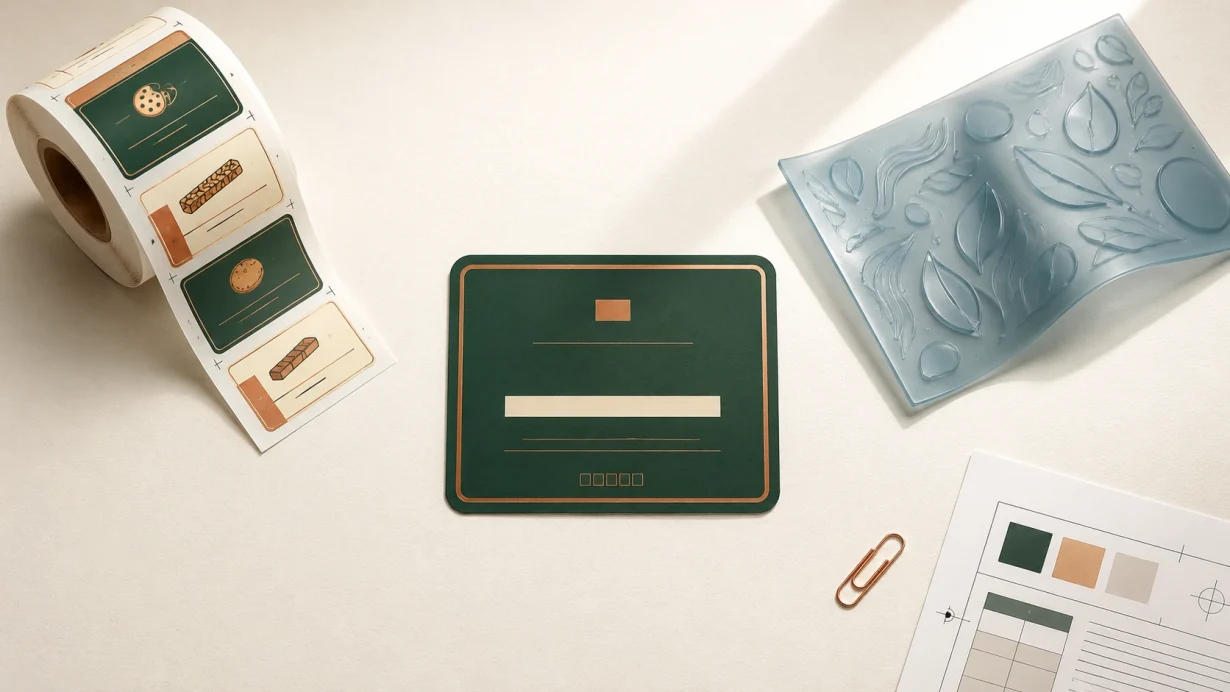 Editorial flat lay of a label roll with multiple bakery SKU designs, a finished forest green label and a flexible photopolymer printing plate on a warm white surface, representing the digital vs flexo label printing decision