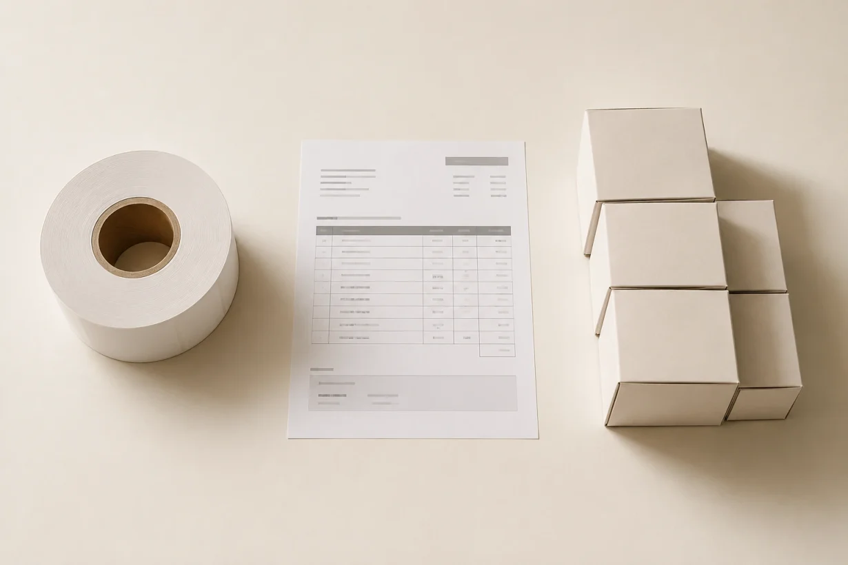 Label roll, supplier quote document and product boxes illustrating label MOQ minimum order decisions for multi-SKU brands