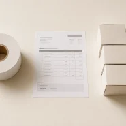 Label roll, supplier quote document and product boxes illustrating label MOQ minimum order decisions for multi-SKU brands