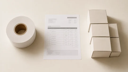 Label roll, supplier quote document and product boxes illustrating label MOQ minimum order decisions for multi-SKU brands