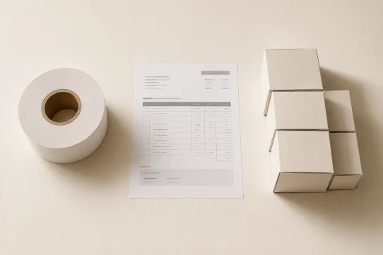 Label roll, supplier quote document and product boxes illustrating label MOQ minimum order decisions for multi-SKU brands