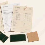 Three label supplier quote documents and a roll of forest green custom labels on a warm white surface, illustrating label printing cost variance across three suppliers quoting the same job.