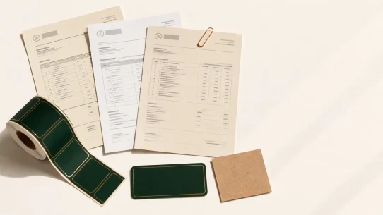 Three label supplier quote documents and a roll of forest green custom labels on a warm white surface, illustrating label printing cost variance across three suppliers quoting the same job.