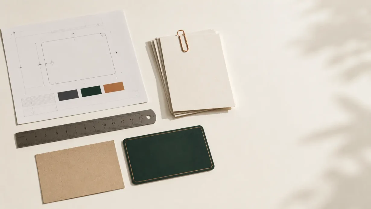 Label supplier brief specification workspace showing a printed label specification sheet, metal ruler, kraft paper substrate sample and forest green label sample on a warm white surface.