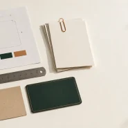 Label supplier brief specification workspace showing a printed label specification sheet, metal ruler, kraft paper substrate sample and forest green label sample on a warm white surface.