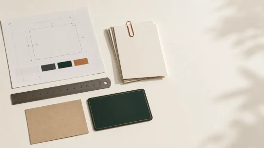 Label supplier brief specification workspace showing a printed label specification sheet, metal ruler, kraft paper substrate sample and forest green label sample on a warm white surface.