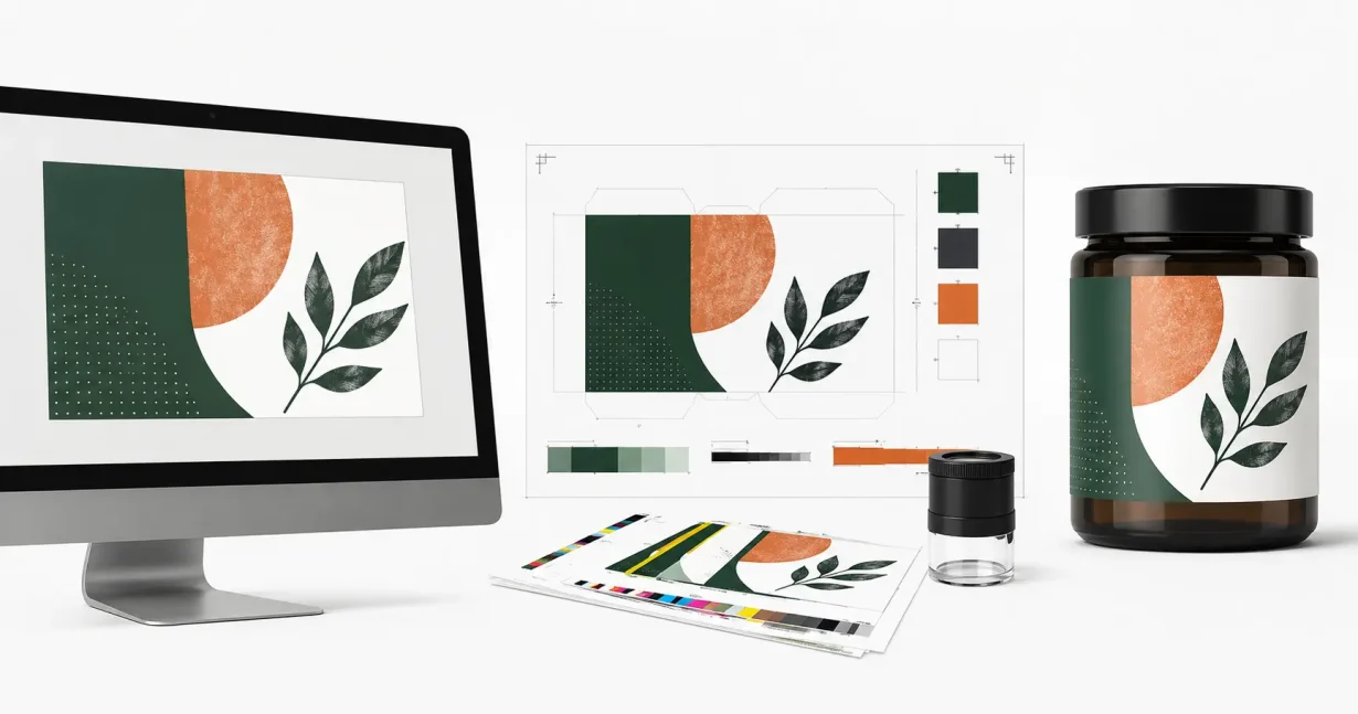 AI label design transitioning from digital concept to production-ready packaging artwork, showing the gap between AI output and physical print production.