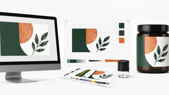 AI label design transitioning from digital concept to production-ready packaging artwork, showing the gap between AI output and physical print production.