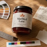 A Marbled Lane strawberry and vanilla preserves jar on an oak prepress desk surrounded by a colour swatch fan, stainless steel ruler, jeweller's loupe, CMYK colour test strip, printed label proofs, and trimmed label stock.
