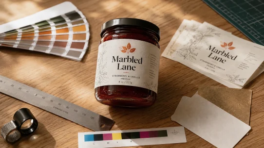 A Marbled Lane strawberry and vanilla preserves jar on an oak prepress desk surrounded by a colour swatch fan, stainless steel ruler, jeweller's loupe, CMYK colour test strip, printed label proofs, and trimmed label stock.