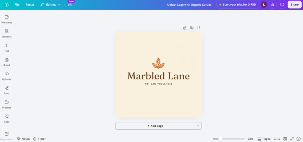 Canva editor with the selected logo open showing the layers panel and full editing tools available on the free tier.