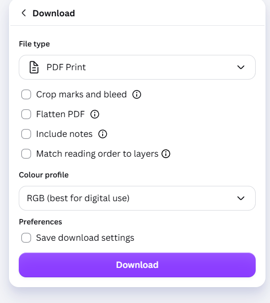 Canva PDF Print export panel showing Colour profile locked to RGB best for digital use on the free tier.