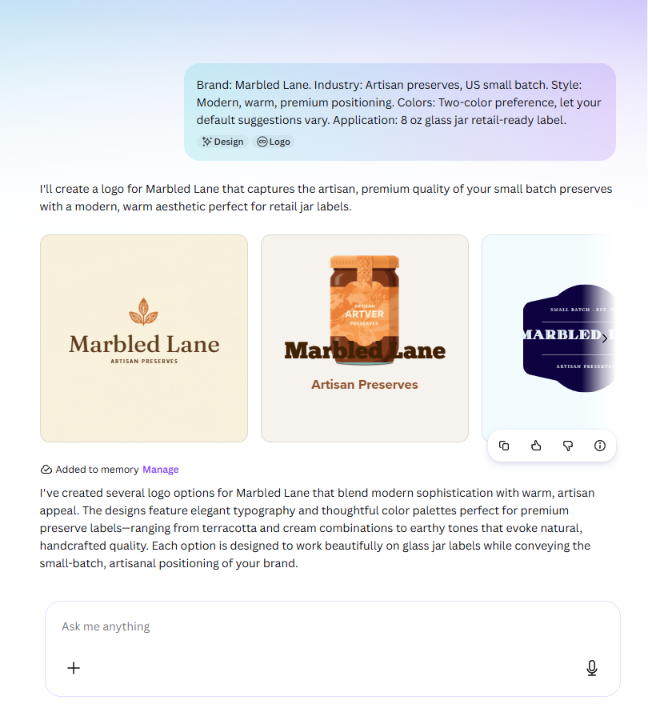 Canva AI logo generator output showing four logo variations generated for the Marbled Lane artisan preserves brief.