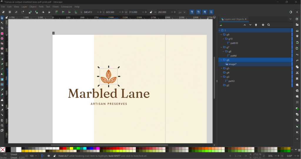 Inkscape Layers panel showing an opaque background layer beneath the logo elements exported from Canva Free.