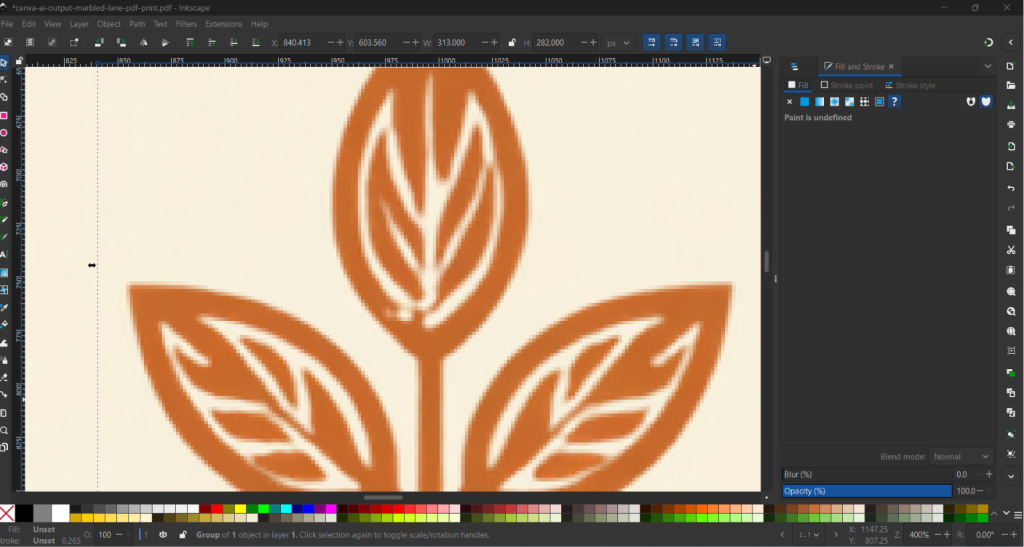 Inkscape zoom to 1131 percent on the leaf iconography showing raster pixelation.