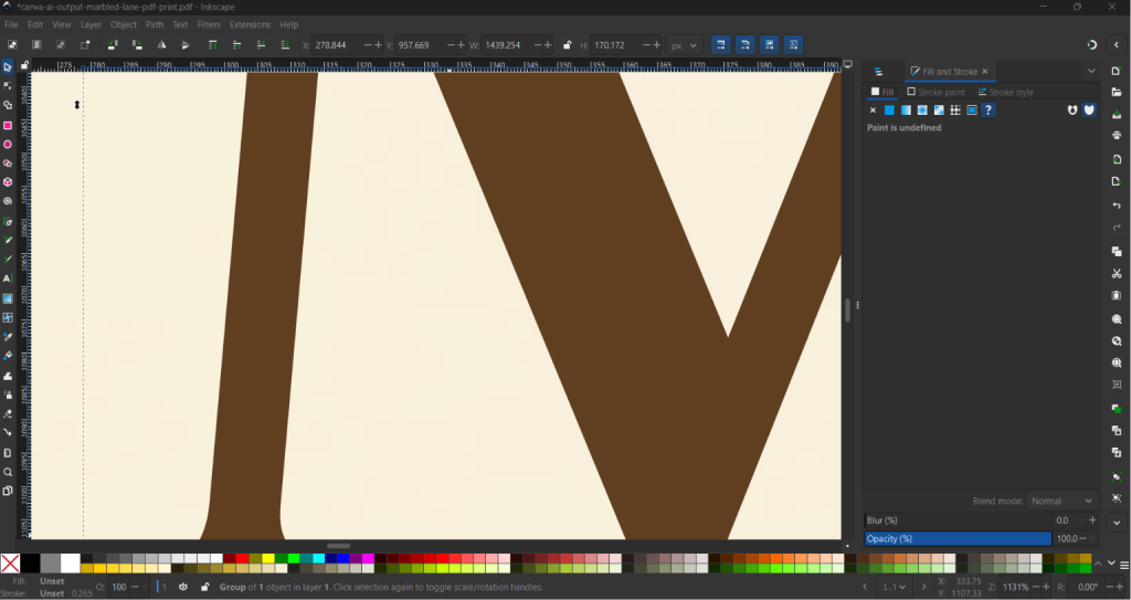 Inkscape zoom to 1131 percent on the Marbled Lane wordmark showing crisp vector edges.