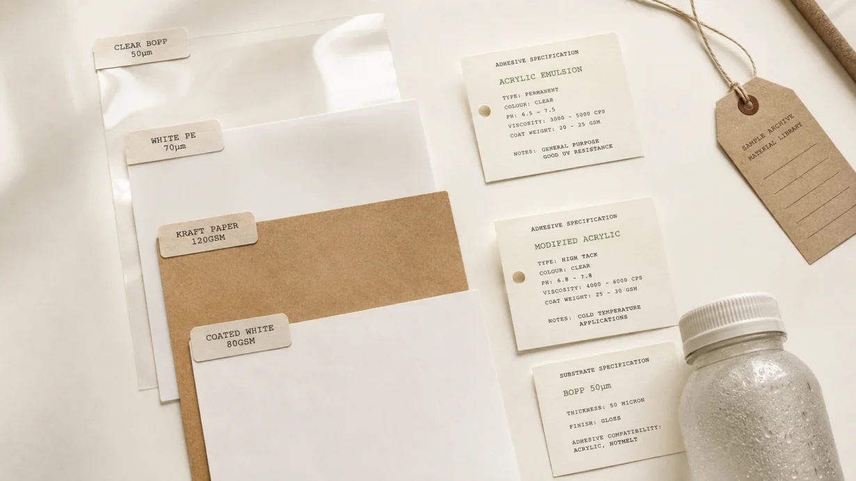 Cold chain label adhesive samples and specification cards in a substrate archive