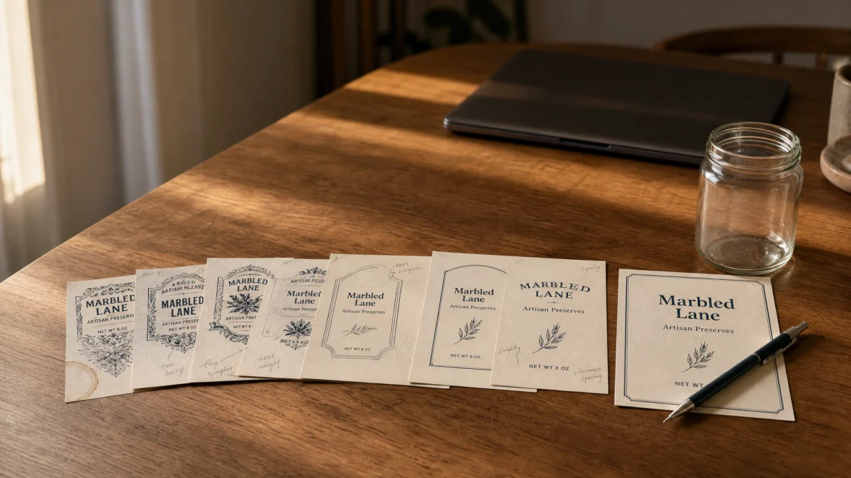 Eight printed label proofs on a wooden table showing the design progression toward a finished Marbled Lane preserves label, with an empty 8 oz glass jar waiting for application.