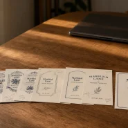 Eight printed label proofs on a wooden table showing the design progression toward a finished Marbled Lane preserves label, with an empty 8 oz glass jar waiting for application.
