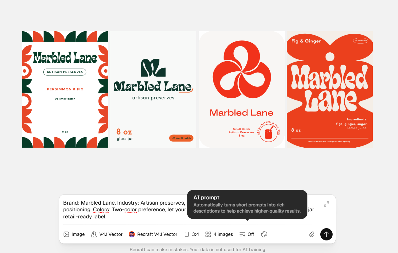 Recraft AI for packaging labels: Direct mode showing four generated designs for the Marbled Lane preserves brief.