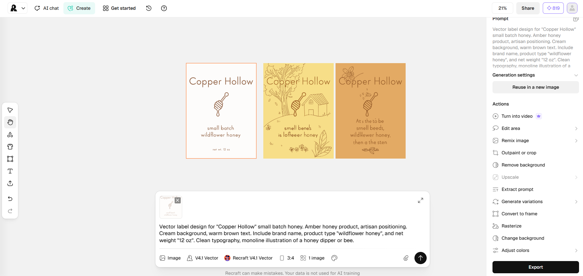 Recraft Change background result showing the original Copper Hollow honey design alongside two regenerated versions with corrupted text and added illustration.