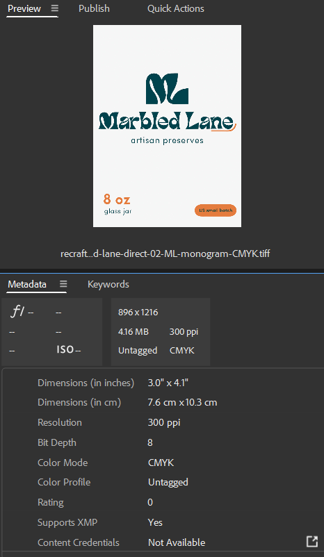 Adobe Bridge metadata panel showing Recraft CMYK TIFF with Color Mode CMYK and ICC Profile Untagged.