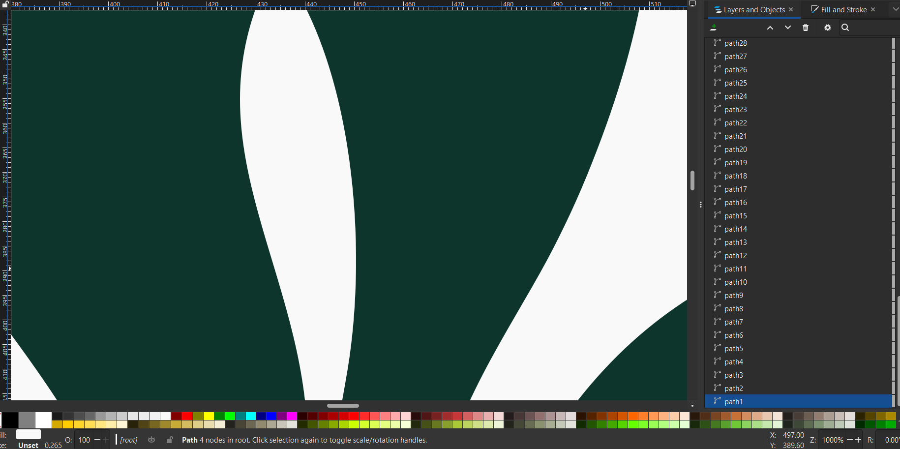 Recraft SVG at 500 percent zoom in Inkscape showing crisp vector curves with no pixelation.