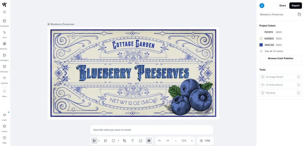 Blueberry Preserves template loaded in the Kittl editor showing the original Victorian ornate label design before customization.