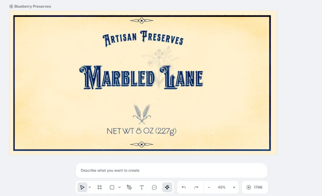Kittl packaging labels test result. Marbled Lane label with two-color palette, vectorized wheat illustration and botanical watermark.