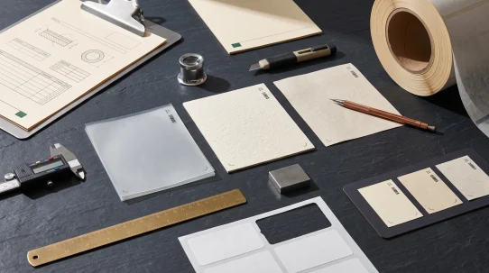 Materials engineer's evaluation bench with three sustainable label substrate samples, precision measurement tools and a production run sample sheet on a charcoal slate surface