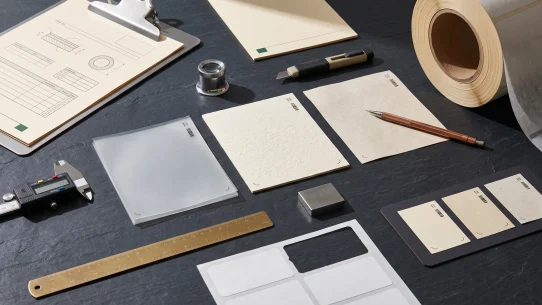 Materials engineer's evaluation bench with three sustainable label substrate samples, precision measurement tools and a production run sample sheet on a charcoal slate surface