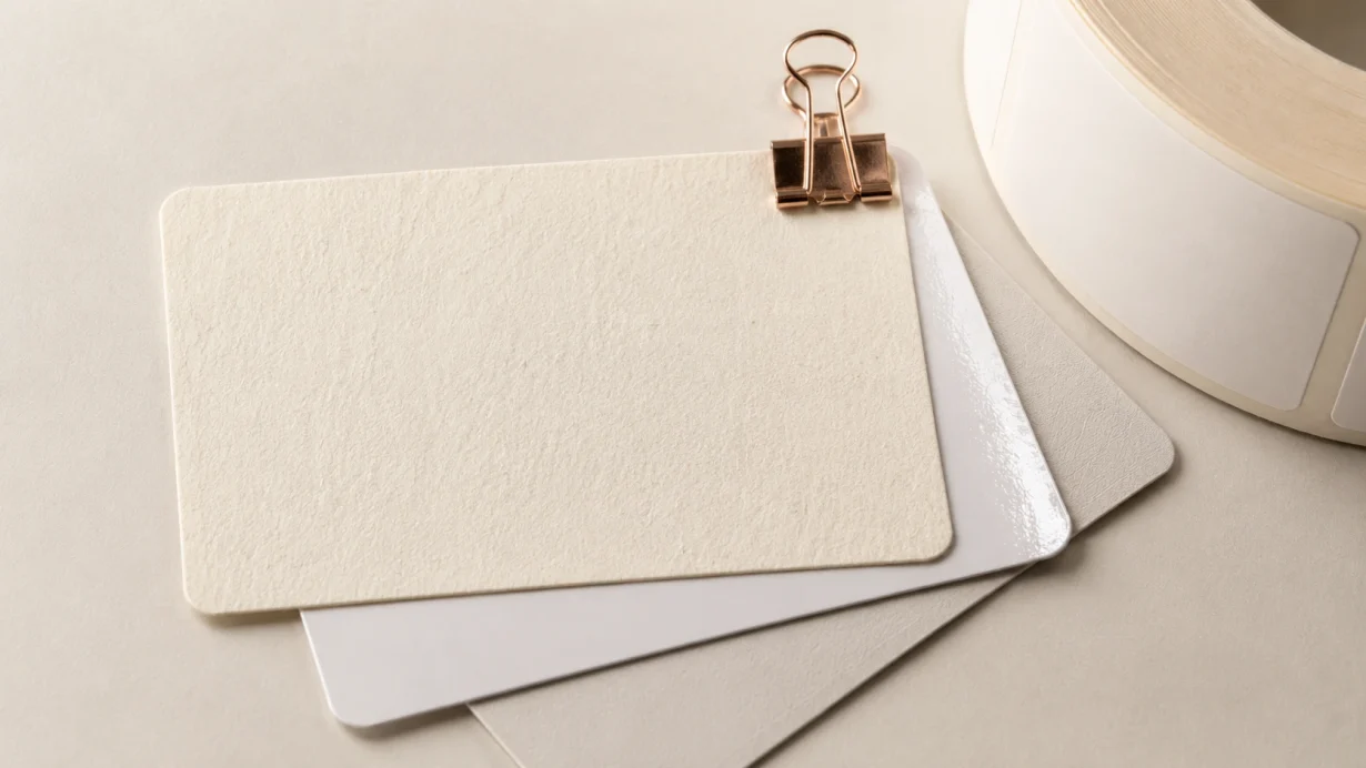 Bagasse label stock swatch, blank and unprinted, shown with gloss and matte swatches and a partial label roll on a warm off-white surface.