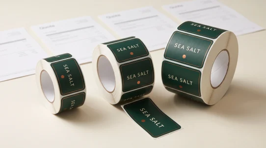 Compare label quotes shown as three label rolls at different diameters carrying identical labels beside three quote sheets