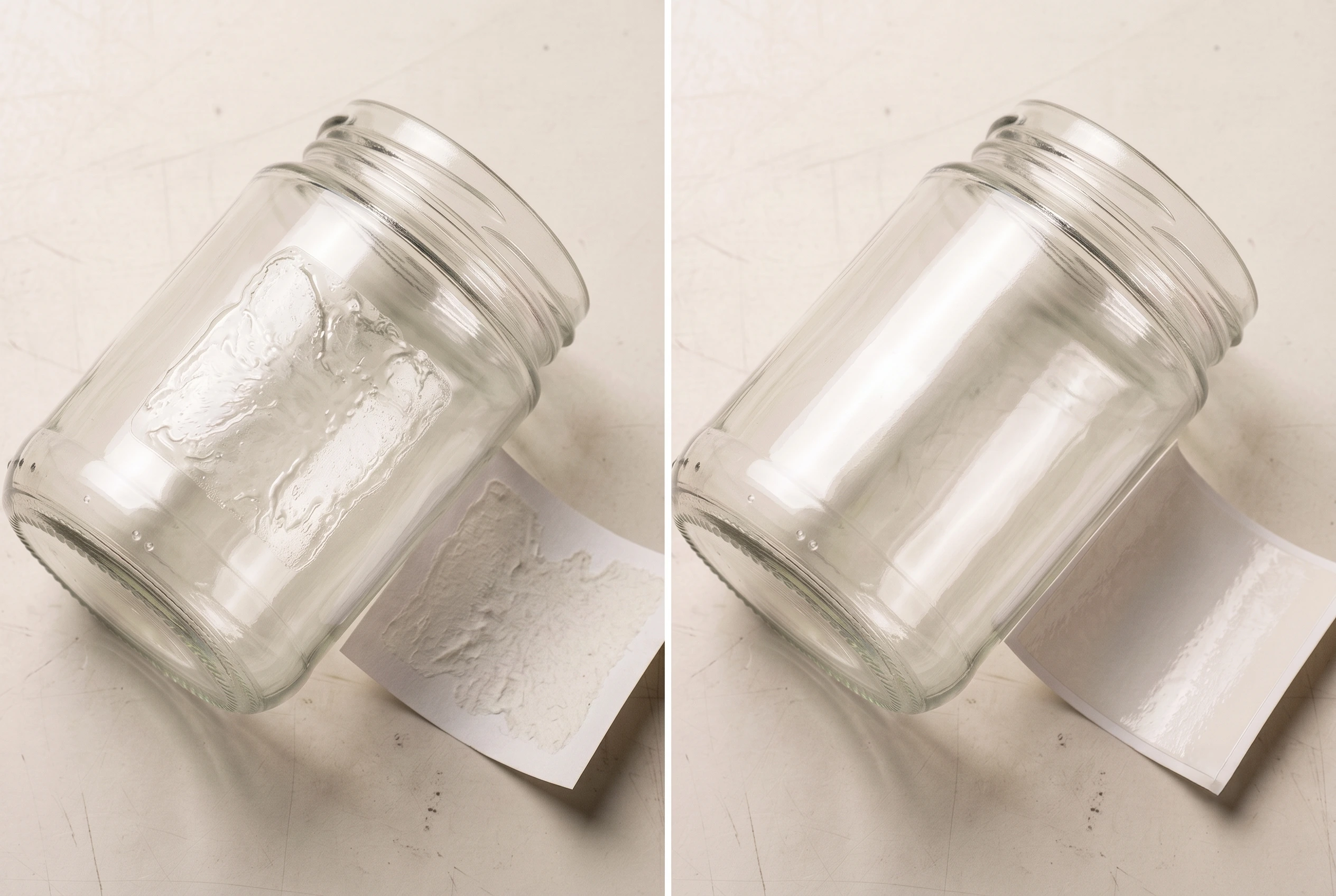 Side by side comparison of two peeled labels, one showing adhesive residue left on the glass jar and bare paper on the label, the other showing a clean jar and adhesive intact on the label
