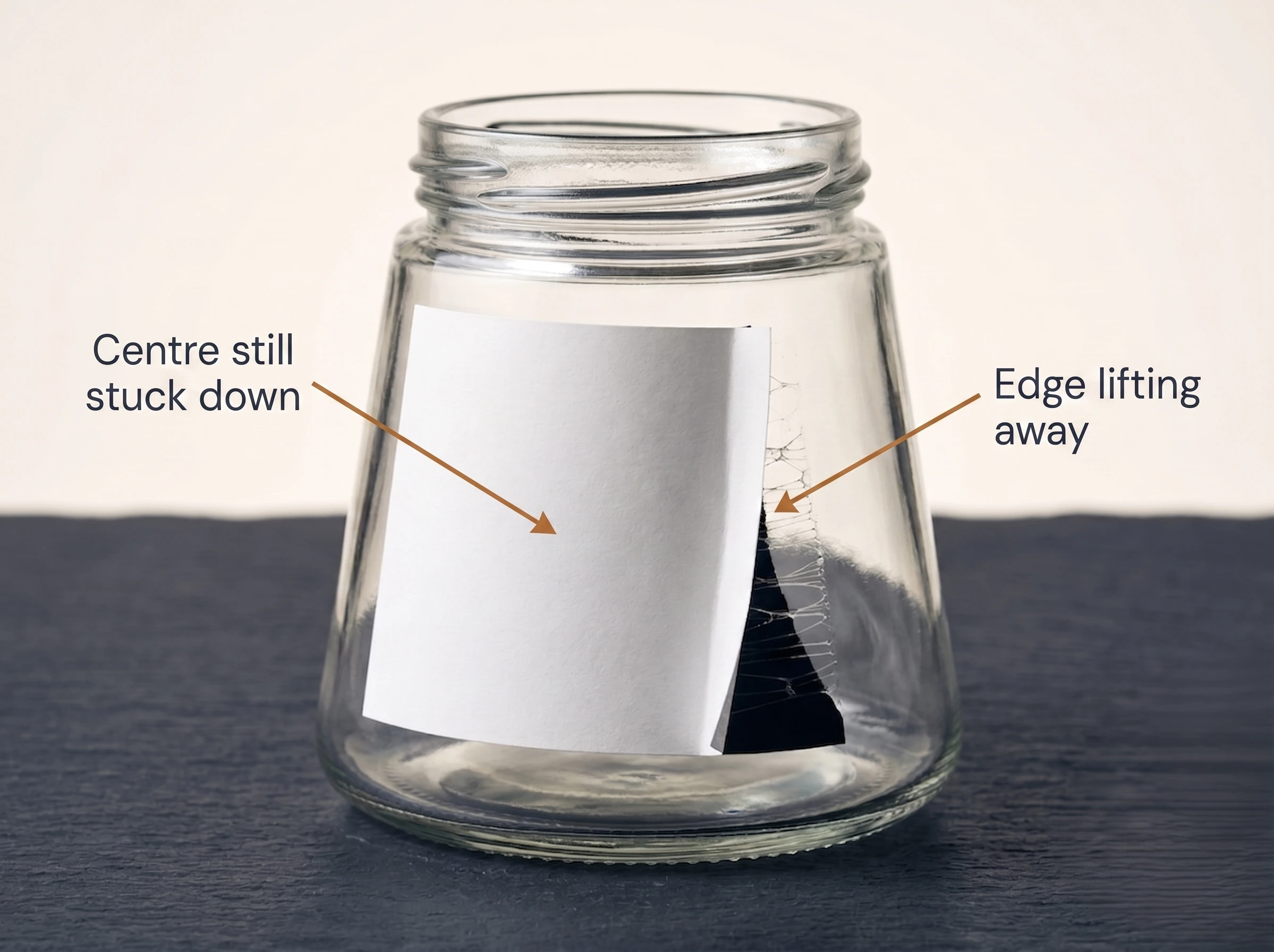 Paper label lifting at the vertical edge on a tapered glass jar while the centre of the label remains adhered