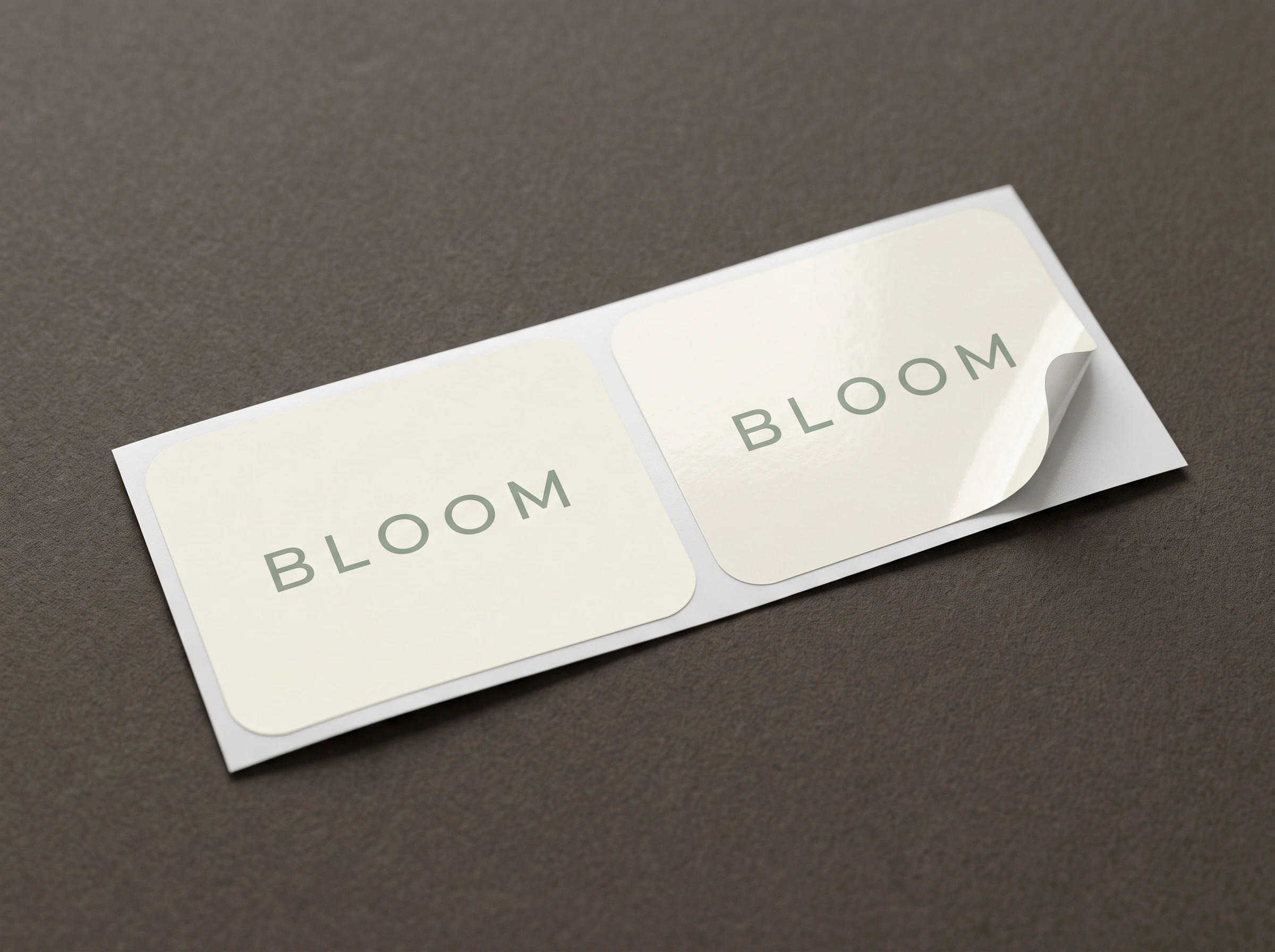Two identical die cut labels on the same liner, one with a matte finish and one with gloss lamination, showing how the finish changes the surface