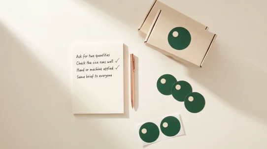 Checklist for comparing label printing price quotes, with round label samples and a kraft carton