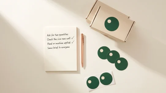 Checklist for comparing label printing price quotes, with round label samples and a kraft carton