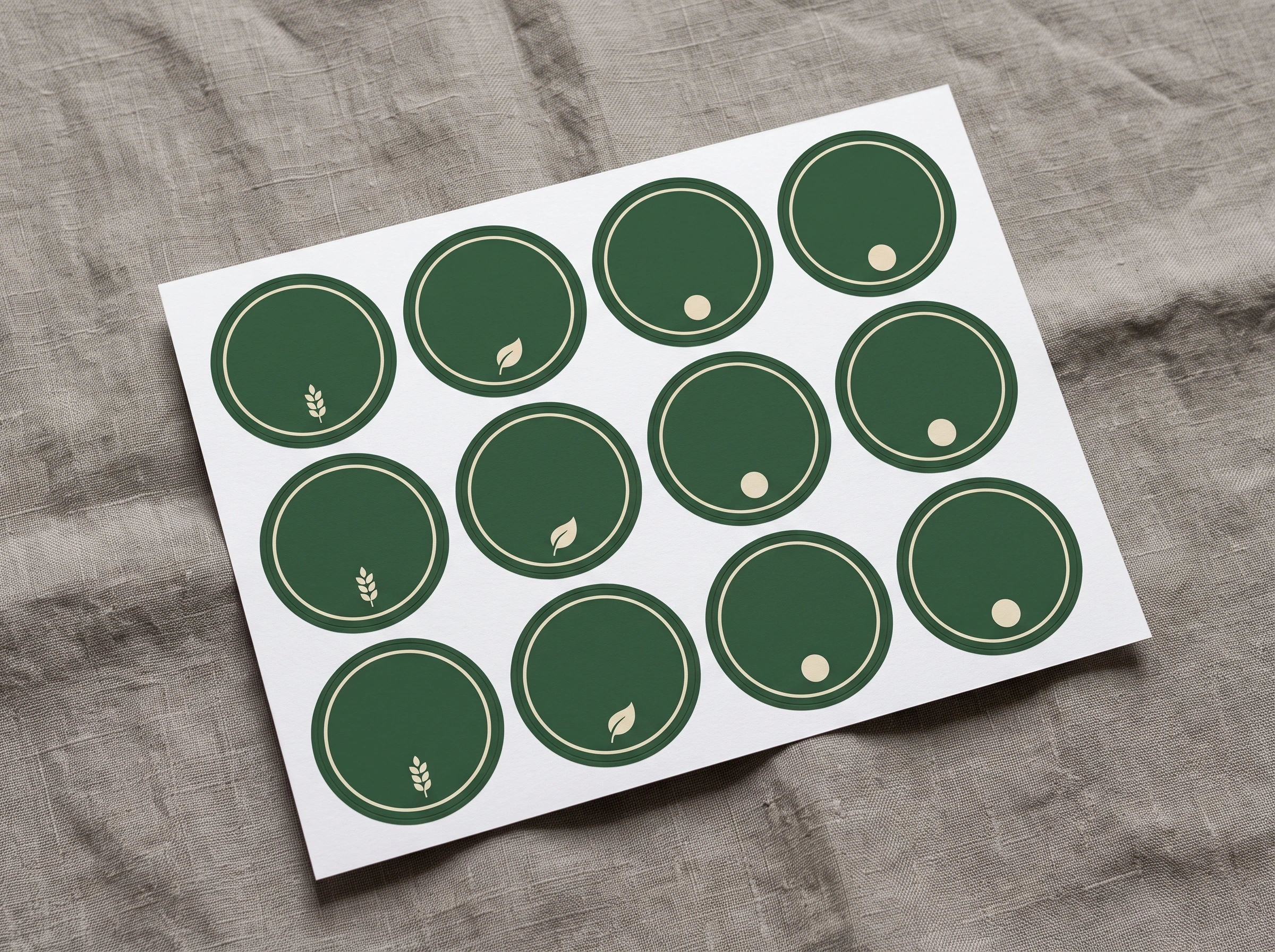 Twelve round die cut labels on one printed sheet, all the same size with different designs