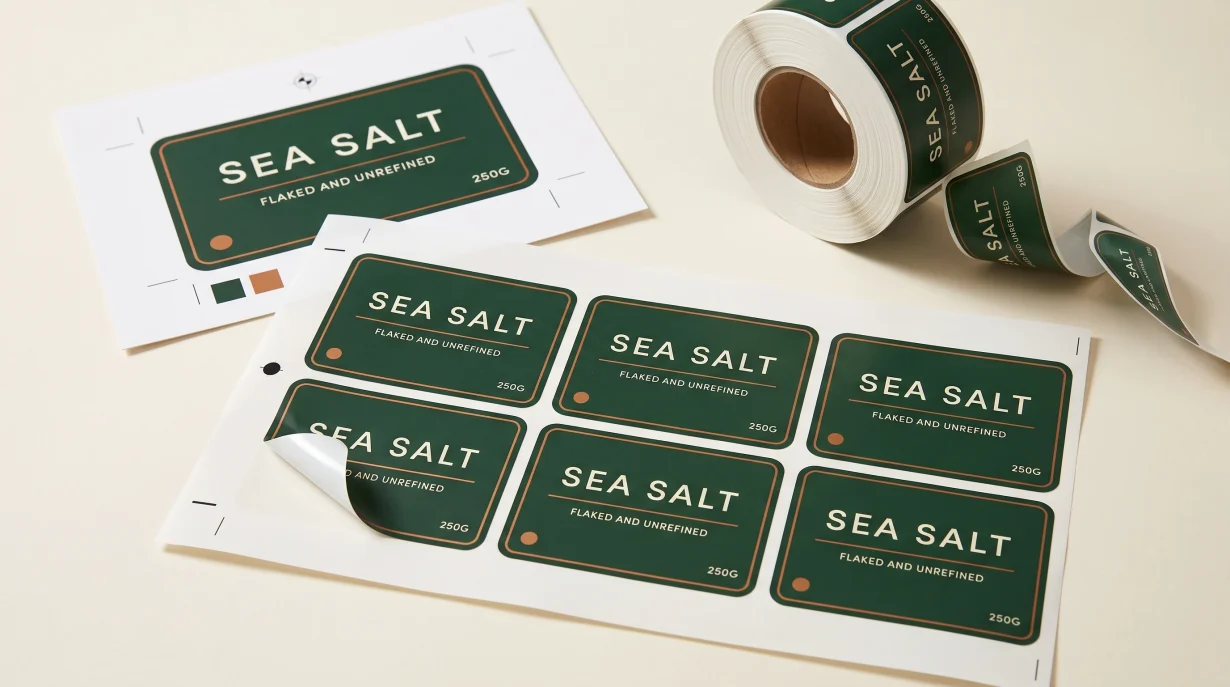 Print ready label artwork shown as a printed proof sheet with crop marks and spot colour swatches beside finished die cut labels on a liner