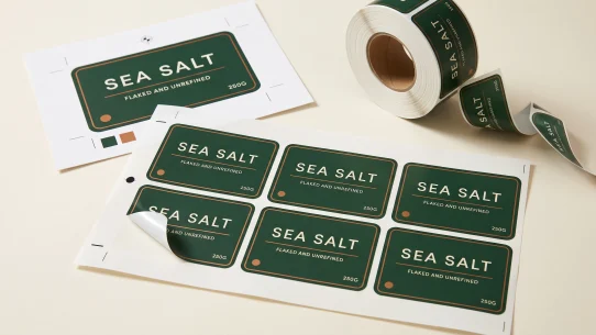 Print ready label artwork shown as a printed proof sheet with crop marks and spot colour swatches beside finished die cut labels on a liner