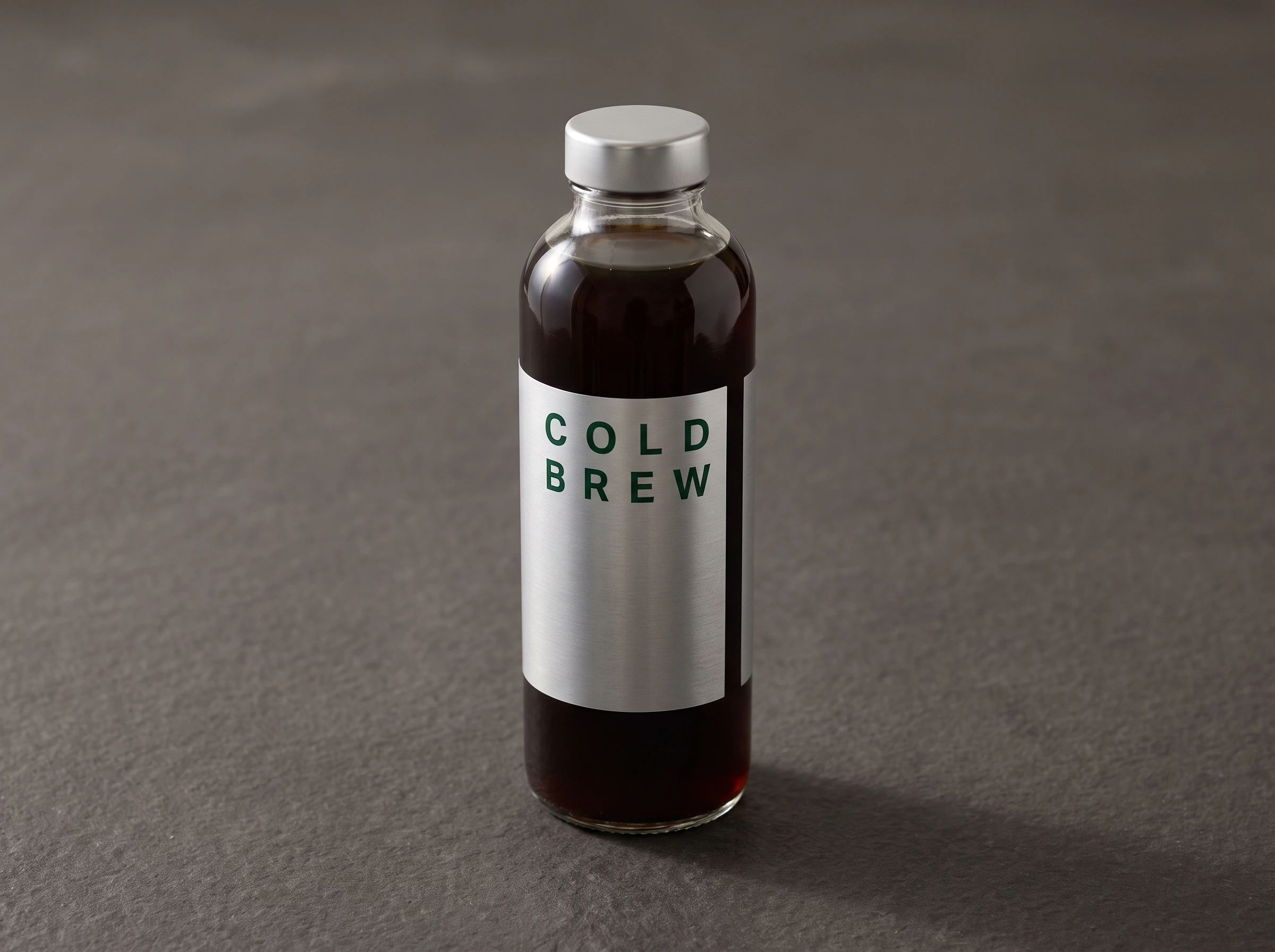 Brushed silver BOPP label with a matte finish partially wrapping a glass cold brew bottle