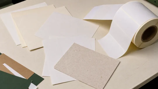 Sustainable label cost comparison: blank label material samples and a partially unwound adhesive label roll on a work counter
