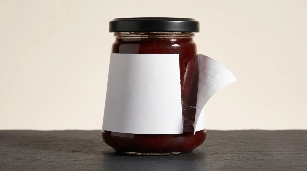 Why labels peel off bottles at the edges, shown on a tapered glass food jar