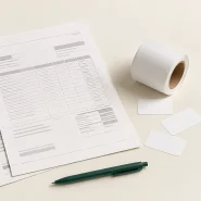 Two label printing quotes laid out beside a blank label roll, for a flexo vs digital break-even comparison