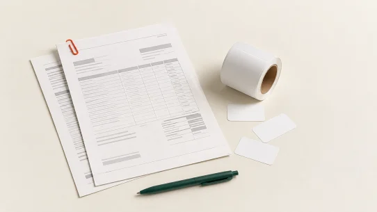 Two label printing quotes laid out beside a blank label roll, for a flexo vs digital break-even comparison