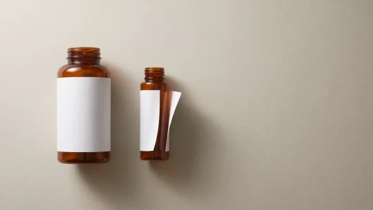 Label failure on the small amber bottle, its blank white label lifting at one edge while the same label stays flat on the larger bottle