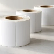 Blank label rolls showing cores and die-cut gaps, the detail unwind direction and roll size are specified against
