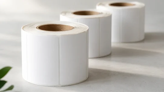 Blank label rolls showing cores and die-cut gaps, the detail unwind direction and roll size are specified against