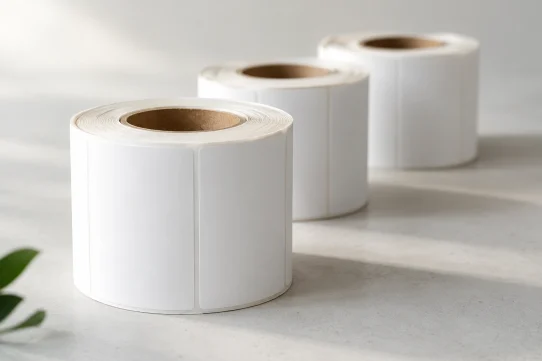 Blank label rolls showing cores and die-cut gaps, the detail unwind direction and roll size are specified against